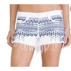 Blank NYC Little Queenie White Denim Cut-Off Short Blue Aztec Embroidery Size 27